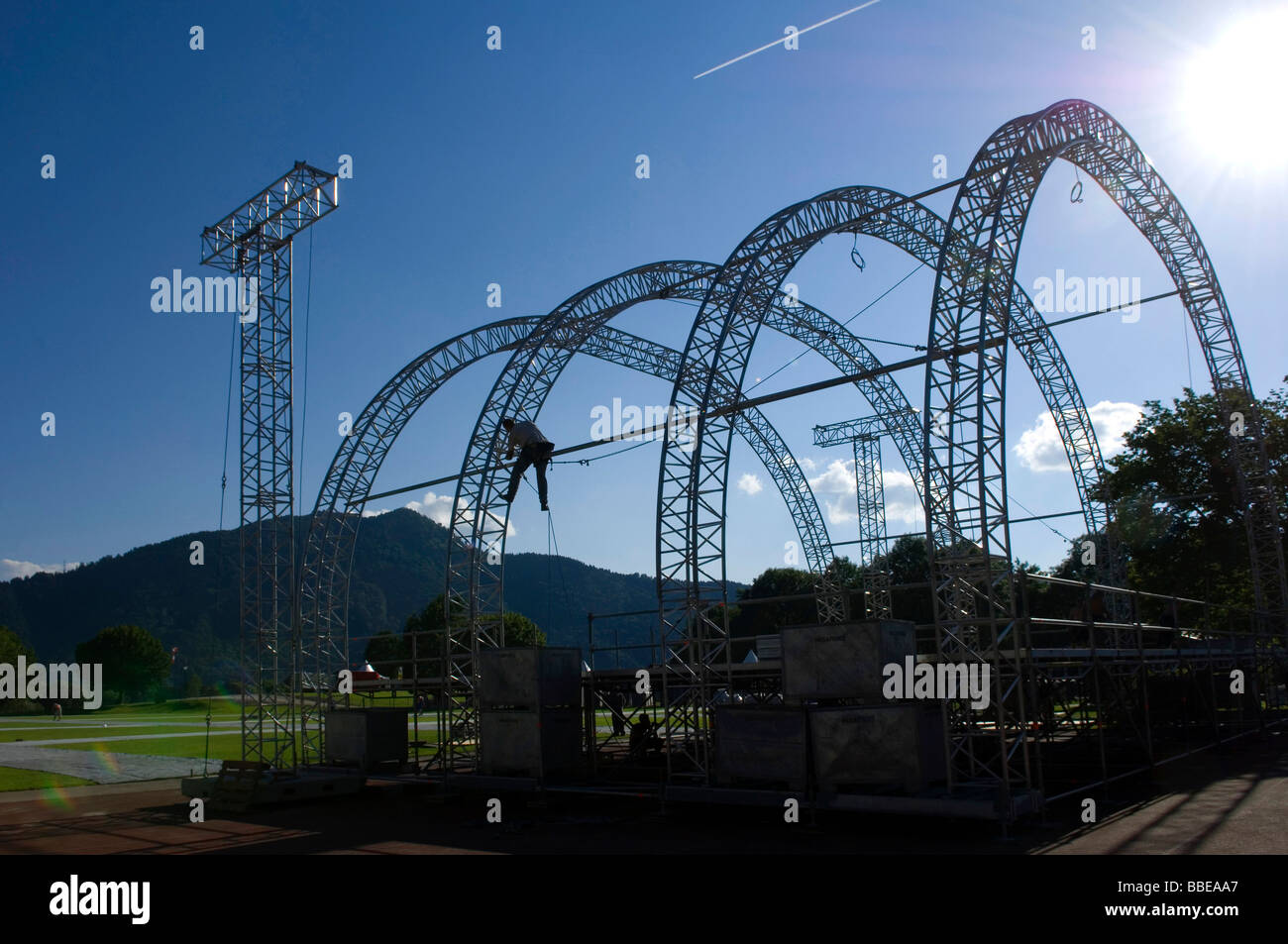 Stage setup for open-air concert, Point, Tegernsee, Bavaria, Germany, Europe Stock Photo