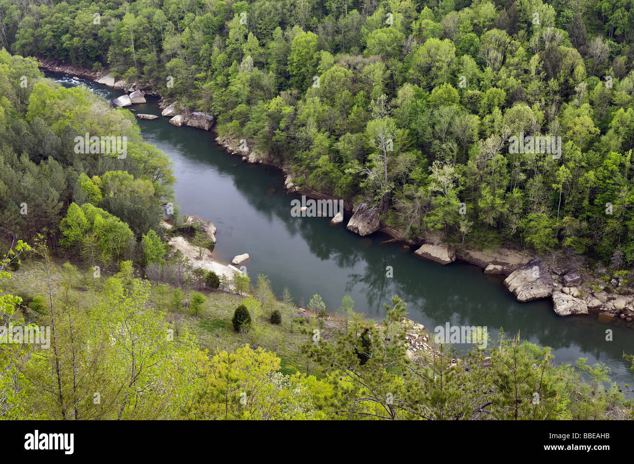 View of the Cumberland River from Devils Jump Overlook in Big South Fork National River and Recreation Area Kentucky Stock Photo