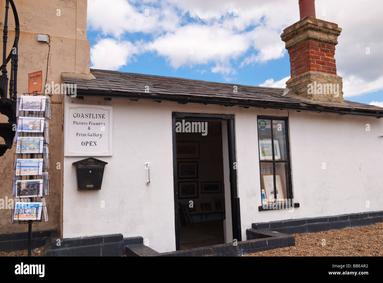 The Coastline picture framing & print gallery open for business on the beach at Aldeburgh,Suffolk,Uk Stock Photo