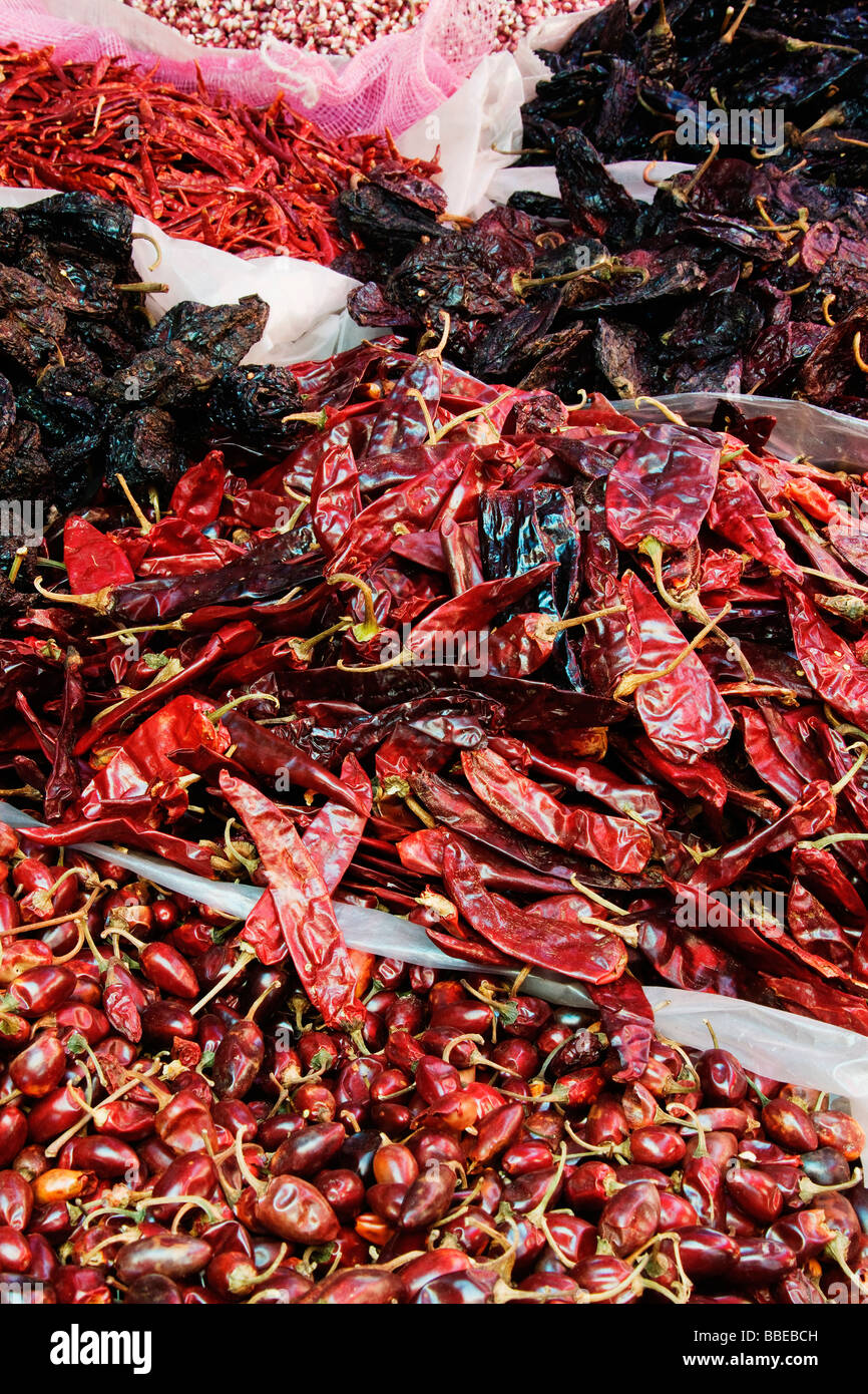 Chilies in Market, Patzcuaro, Michoacan, Mexico Stock Photo