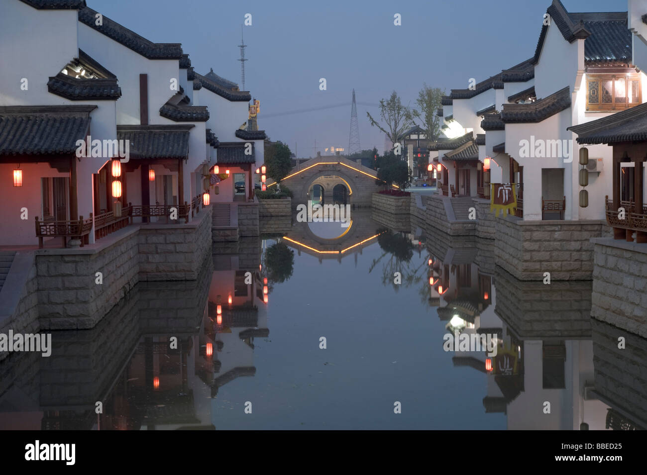 Buildings along Canal at Dusk, Yancheng Remains, Wujin District, Changzhou, China Stock Photo