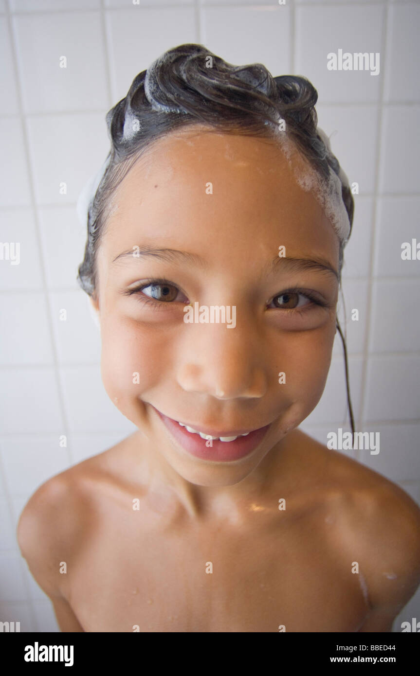 Girl in Shower with Shampoo in Hair Stock Photo Alamy