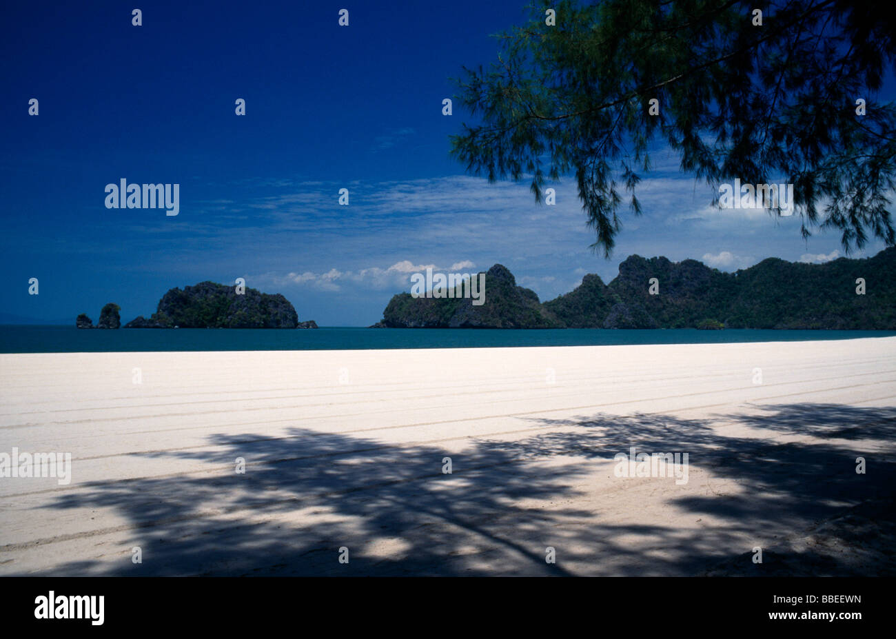 MALAYSIA Kedah Langkawi Pantai Rhu Beach looking out to the offshore ...