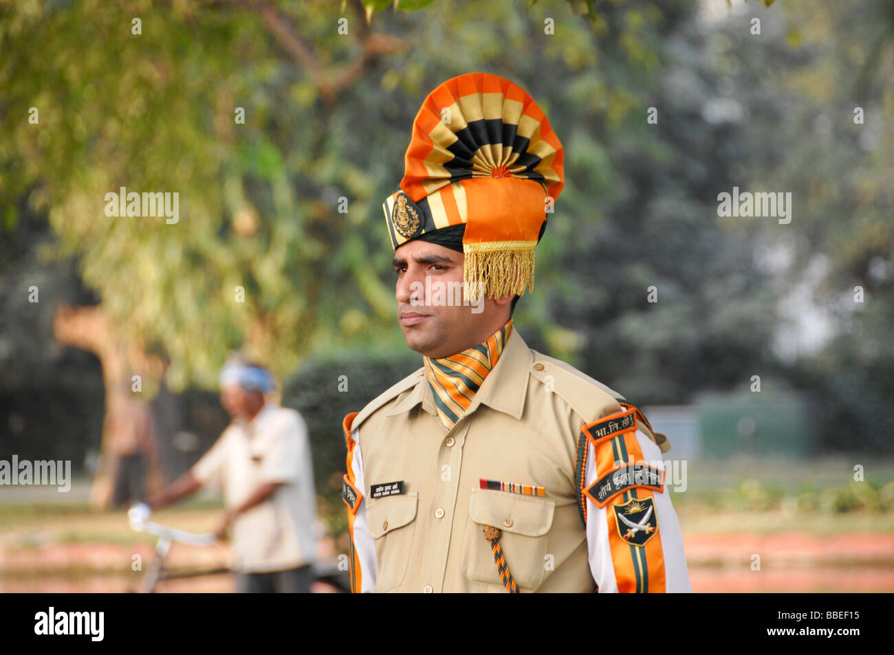 Indian soldier in full dress, Delhi, Rajasthan, northern India, Asia Stock Photo