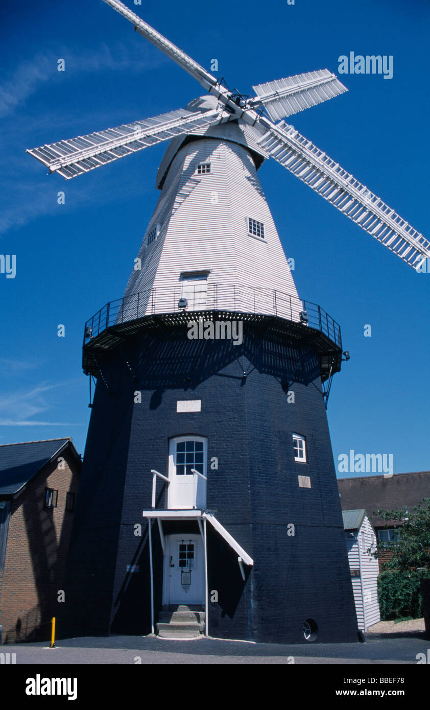 ENGLAND Kent Cranbrook Union Watermill white weather boarded smock mill. It is the tallest mill in Kent at 70 feet Stock Photo