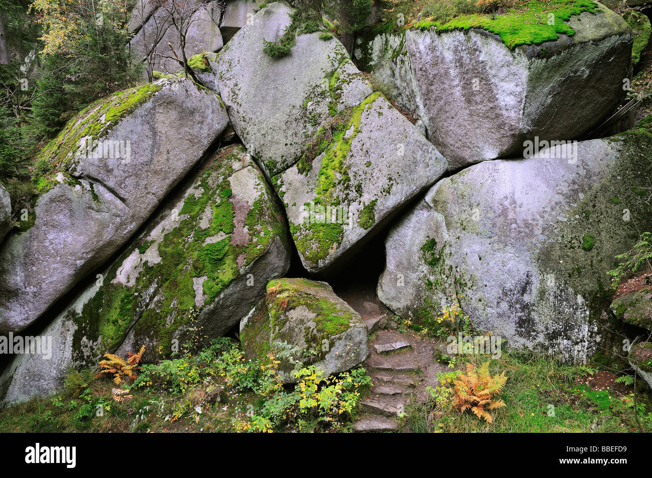Stone Steps to Cave, Luisenburg Felsenlabyrinth, Fichtelgebirge, Bavaria, Germany Stock Photo