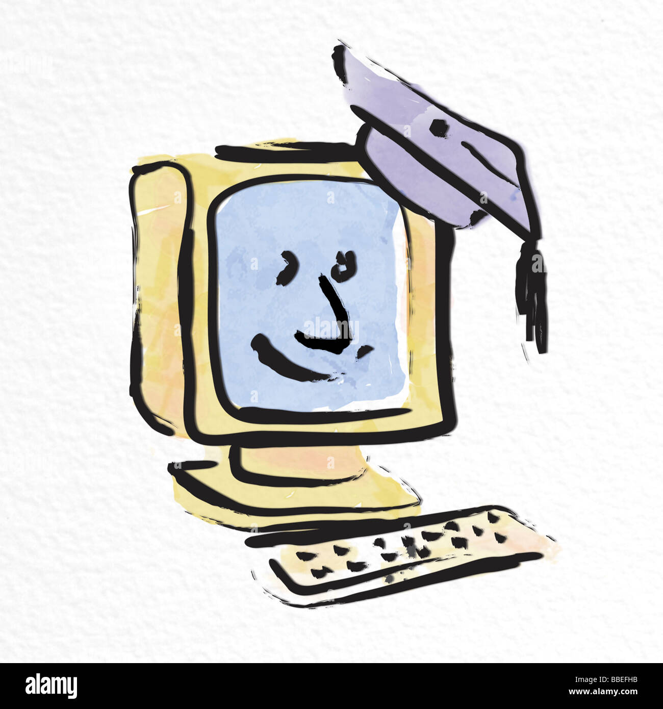 Illustration of Smiling Computer Wearing Mortarboard Stock Photo