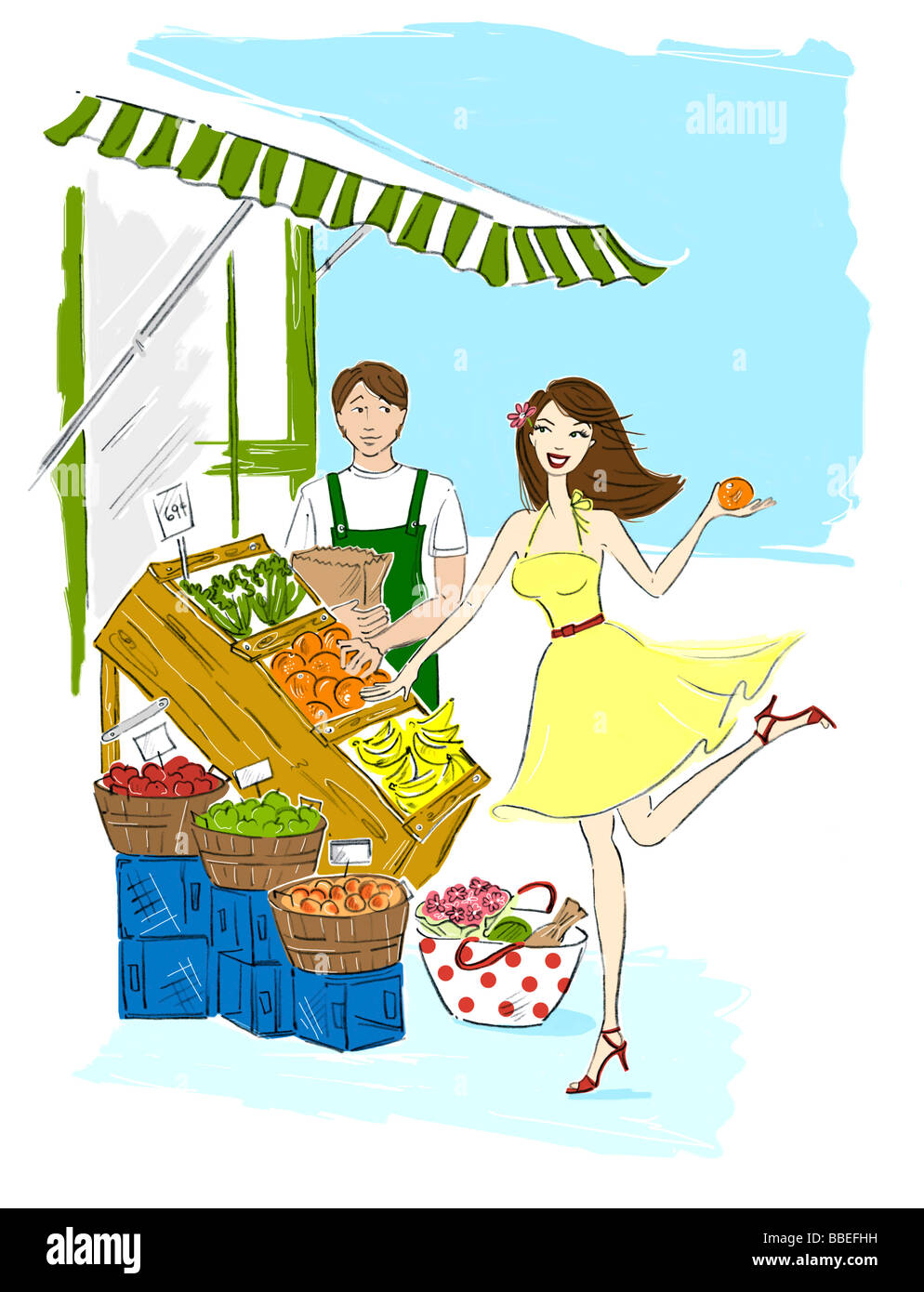 Illustration of Woman Flirting with Grocer Stock Photo