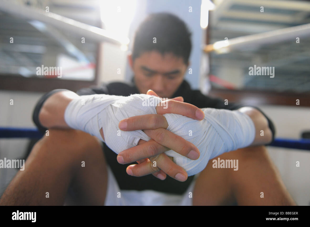 Boxer wearing bandage in his both hands Stock Photo Alamy
