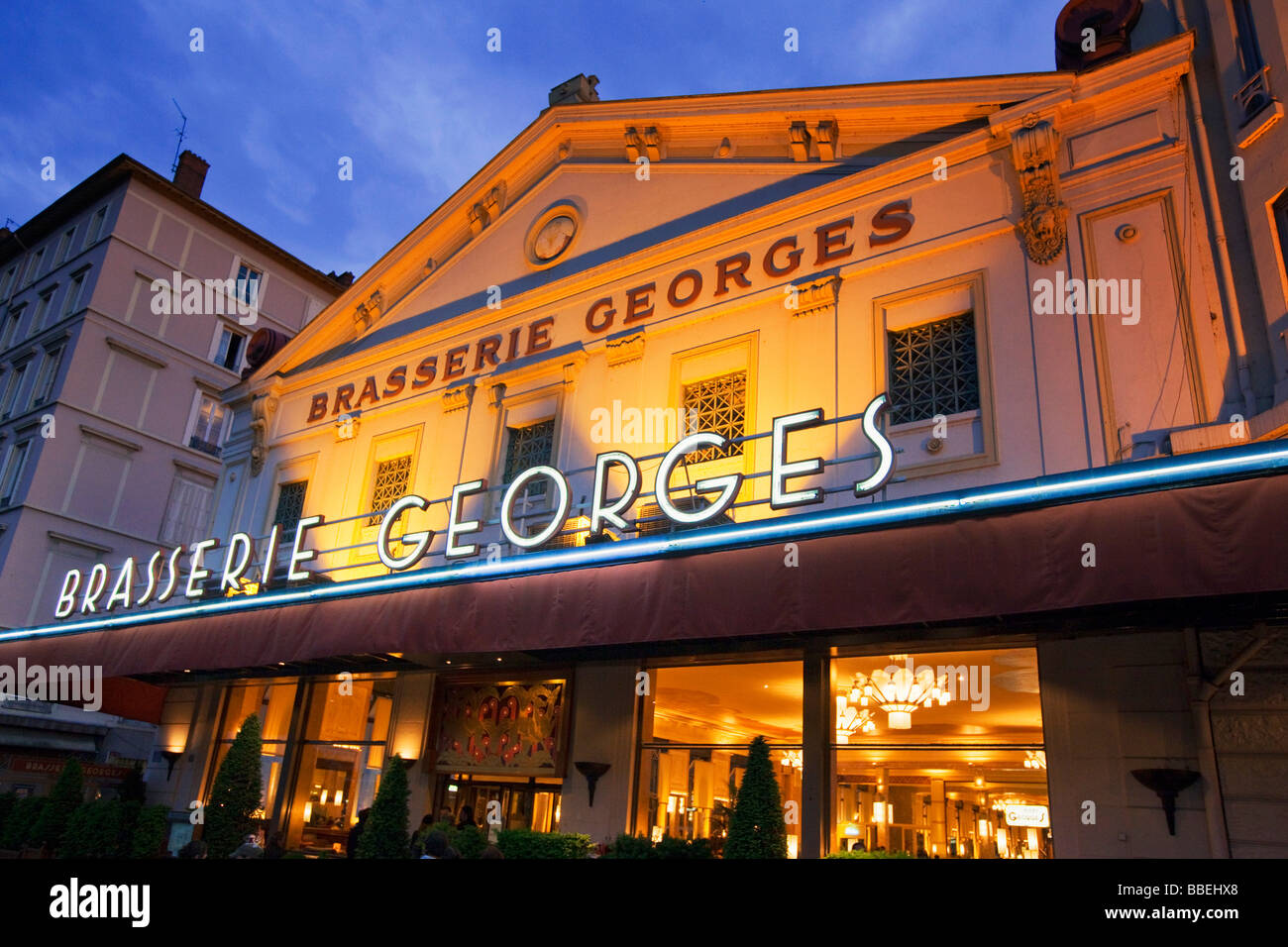 Brasserie Georges outdoor at twilight Lyon Rhone Alps France Stock Photo