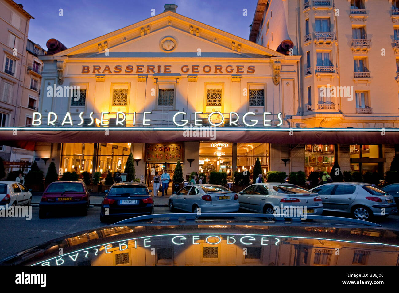 Brasserie Georges outdoor at twilight Lyon Rhone Alps France Stock Photo