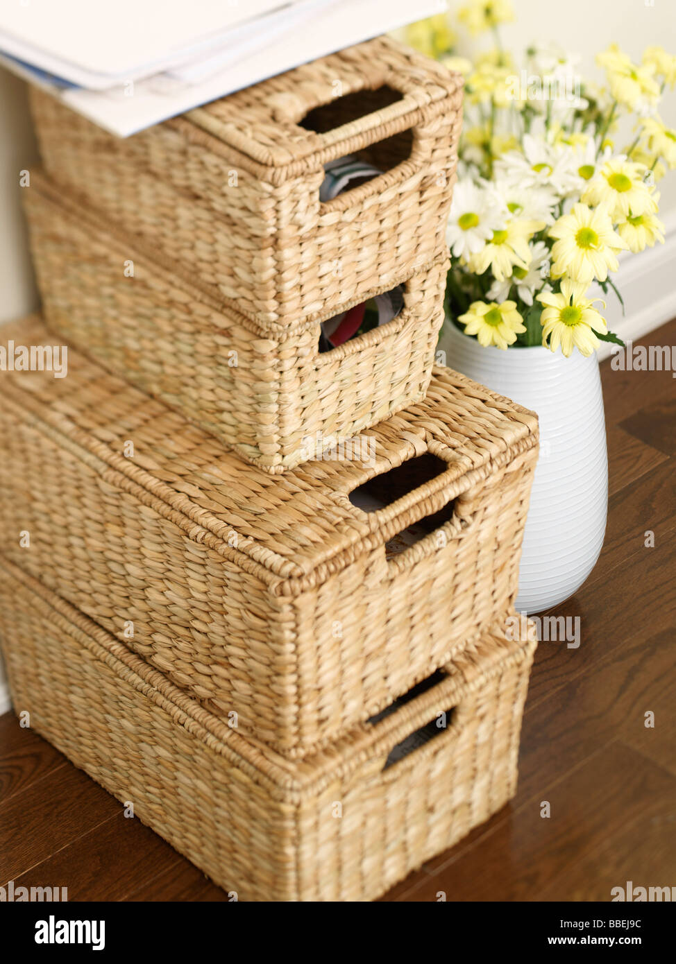 Stacked Wicker Baskets in Home Office Stock Photo Alamy