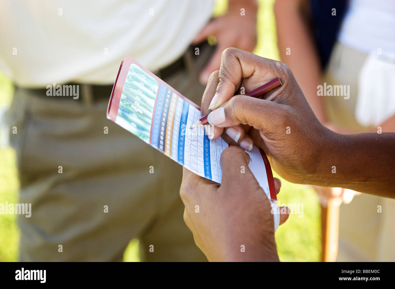 Golfer Filling Out Score Card, Burlington, Ontario, Canada Stock Photo