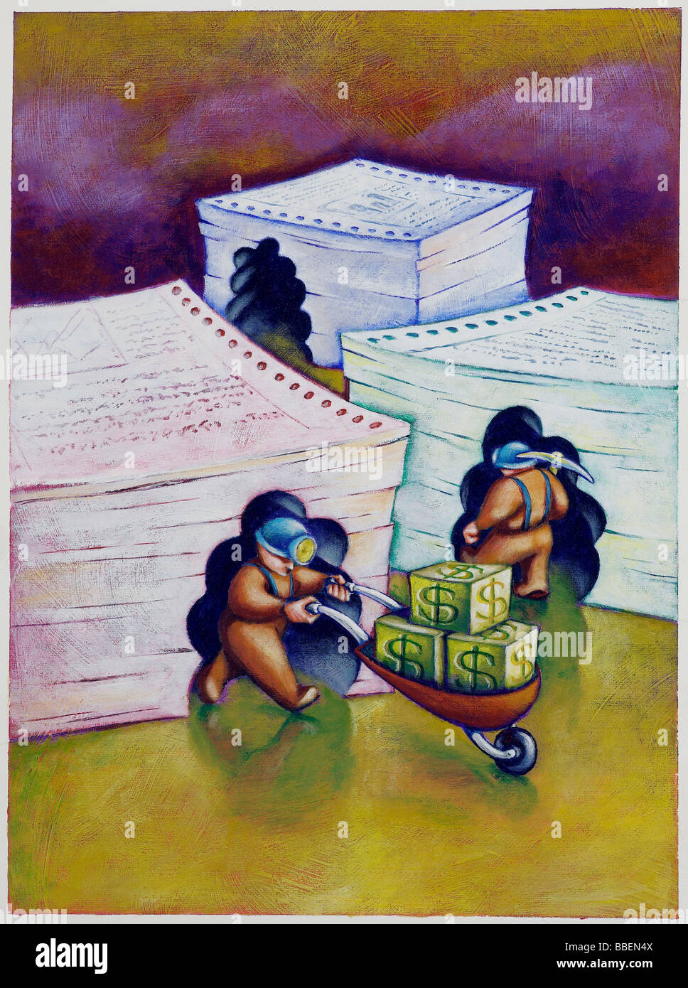 Illustration of Miners Extracting Money from Sheets of Data Stock Photo