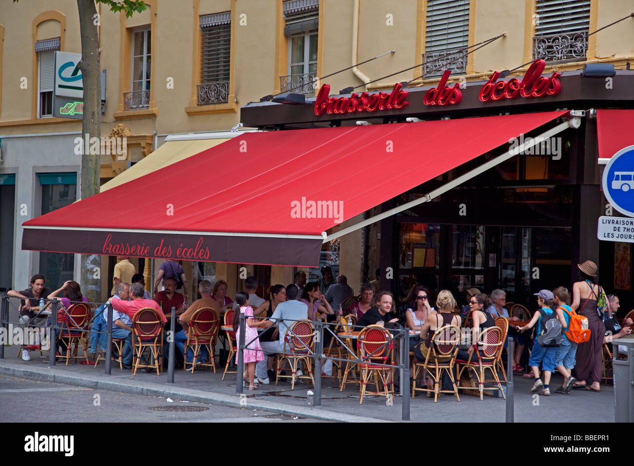 Brasserie des Escoles in Crois Rousse outdoor street cafe Lyon Rhone Alps France Stock Photo