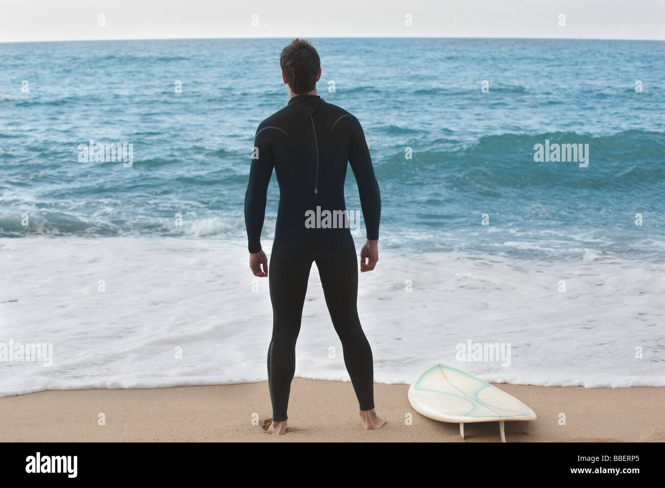 Surfer in wetsuit standing on beach Stock Photo Alamy