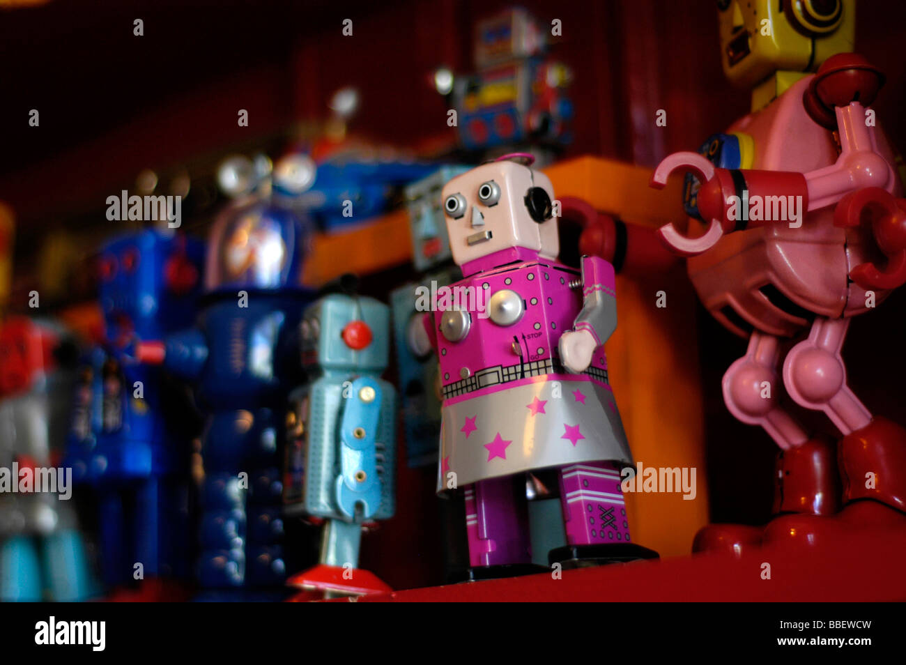 Close-up of Toy Robots on a Shelf Stock Photo