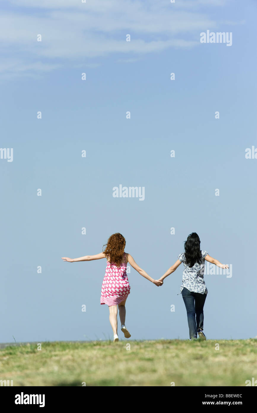Two young women walking hand in hand outdoors, rear view Stock Photo ...