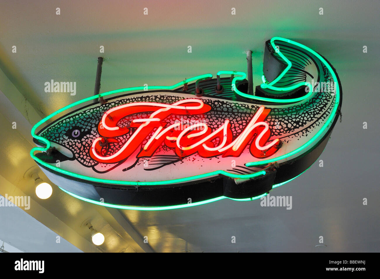 Fresh fish neon sign at Pike's Place Market, Seattle, Washington Stock Photo