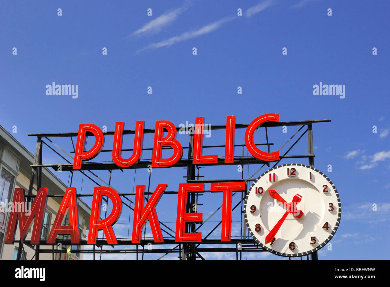 Public Market sign and clock, Pike's Place Market, Seattle, Washington Stock Photo