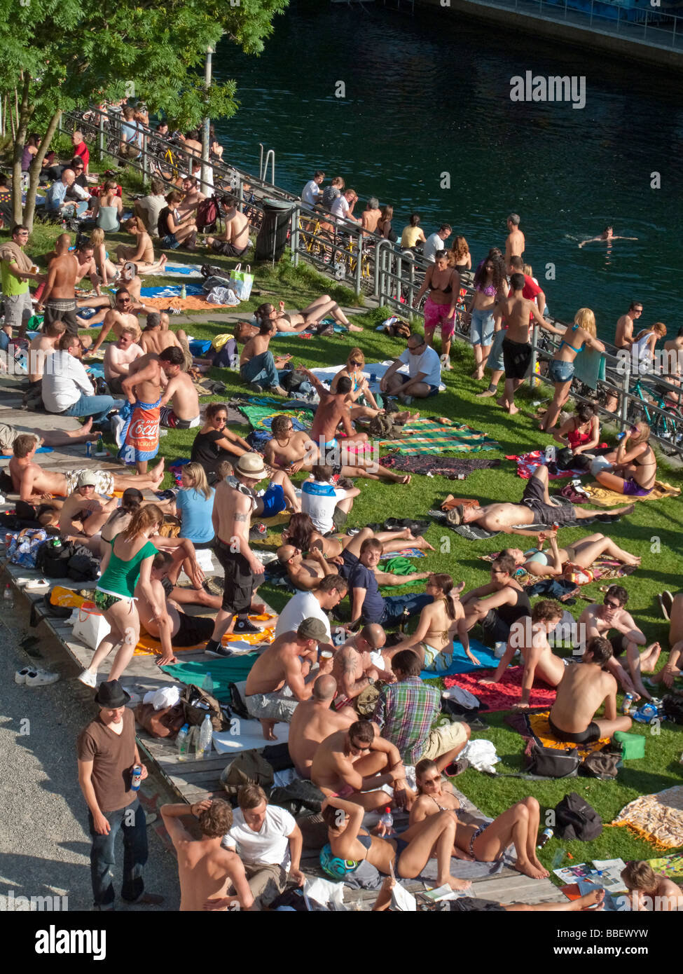 Open air bath Letten at river Limmat people sunbathing Zurich