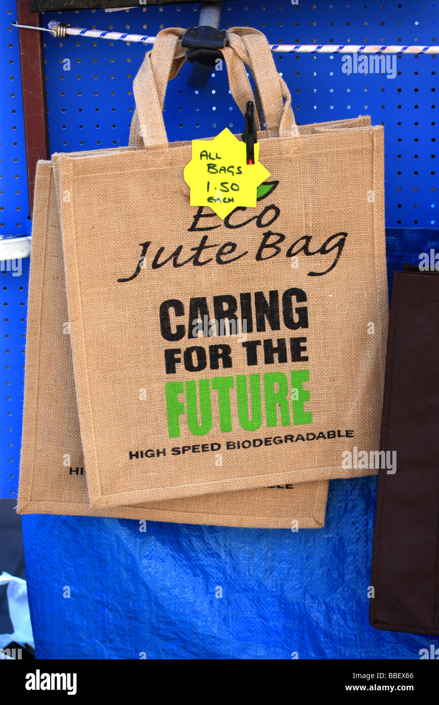 Eco friendly Shopping bag for sale on a market stall Stock Photo