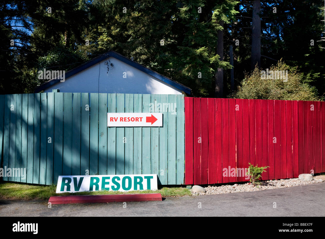 Fence around an RV resort, Vancouver Island, British Columbia Stock