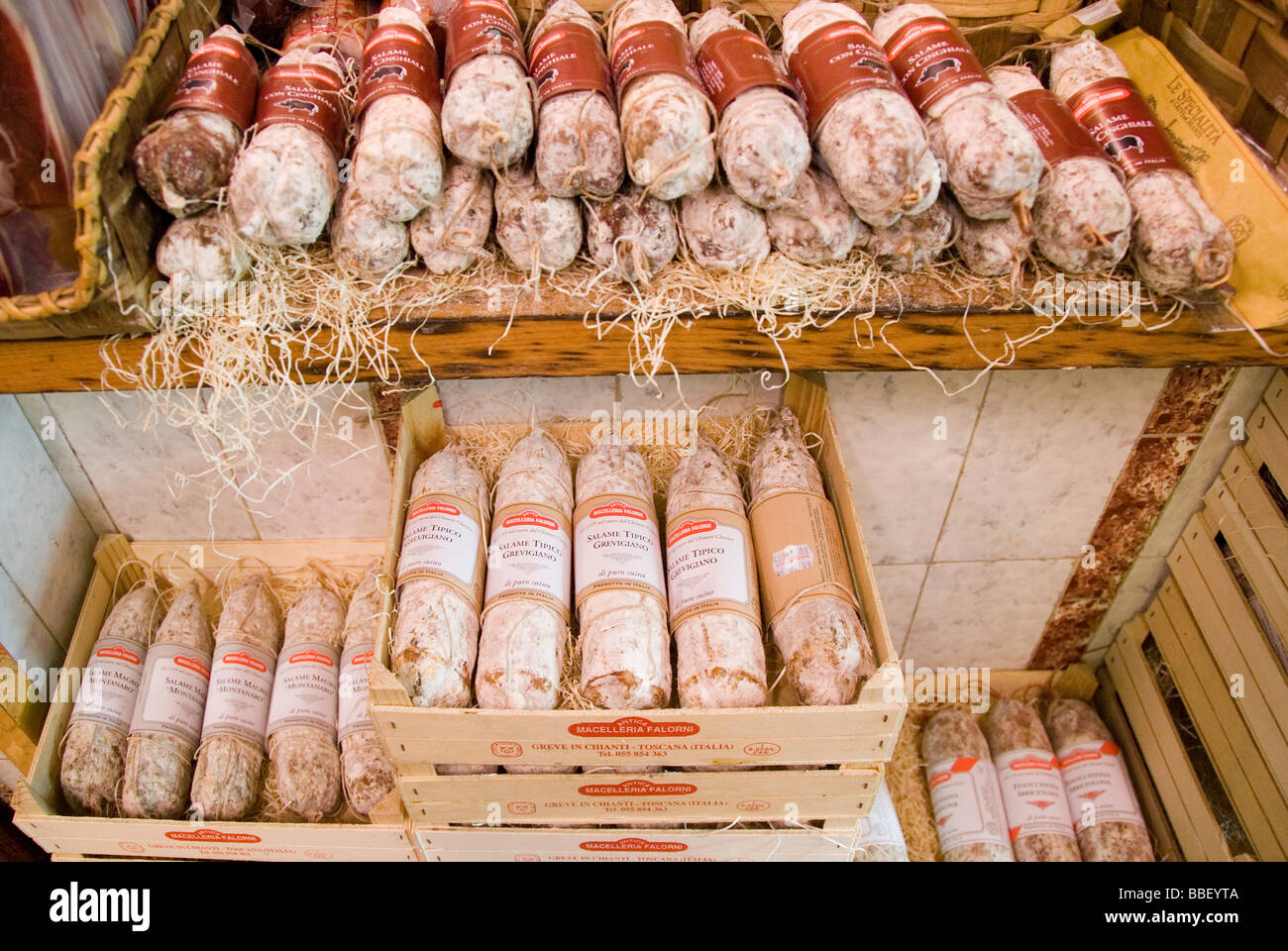 Boxes of gourmet salami from one of Italy's finest butchers Falorni macelleria in Greve Stock