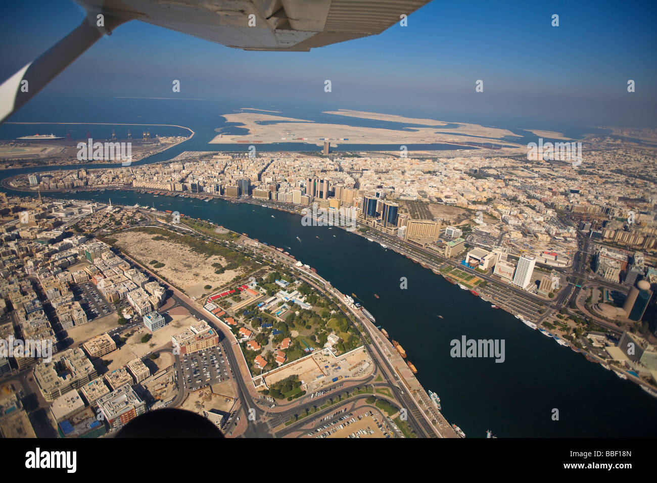 Flight over Dubai creek Deira Bur Dubai Stock Photo