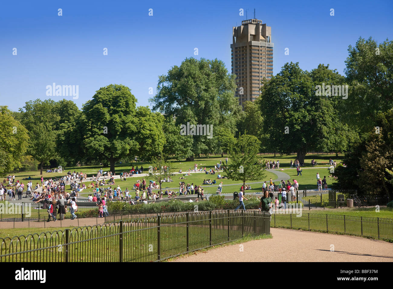 Hyde Park London, summers day full of day trippers and tourists. Hyde Park Barracks in the background Stock Photo