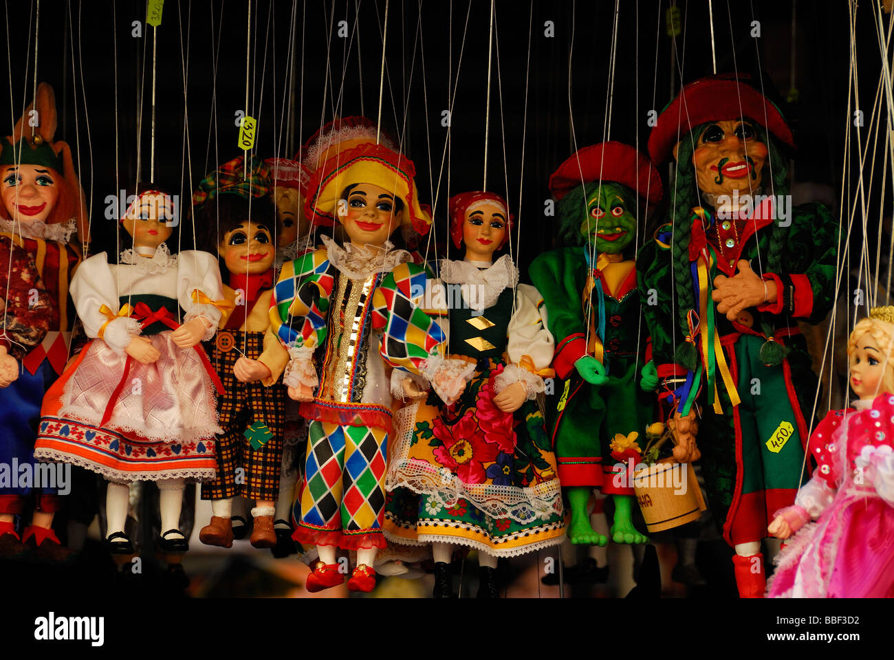 Marionette puppets for sale in market stall, Prague Stock Photo
