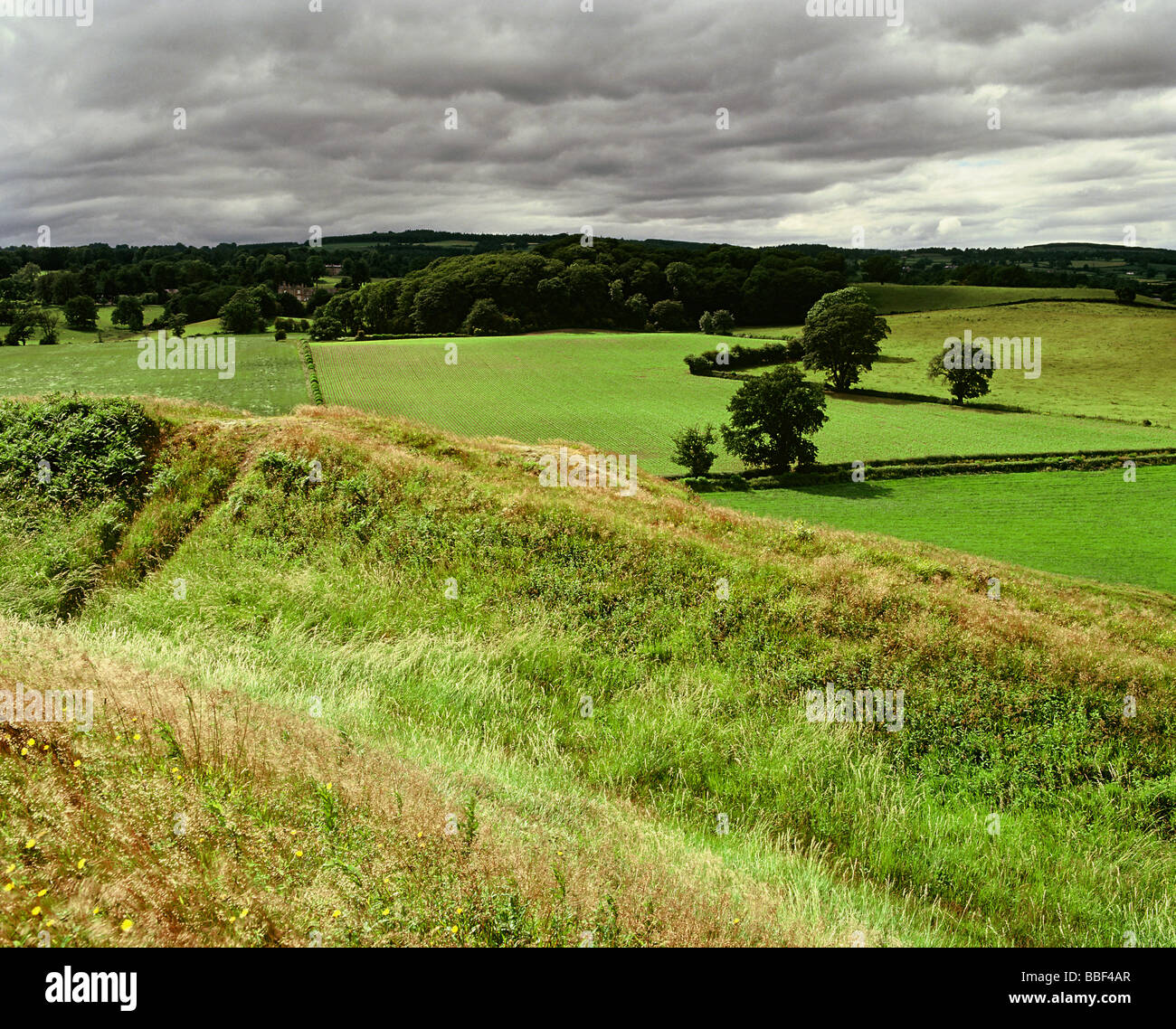 Old Oswestry Hillfort,  an Iron Age fort, deep banks, looking out across countryside. Oswestry ShropshireHOMER SYKES Stock Photo