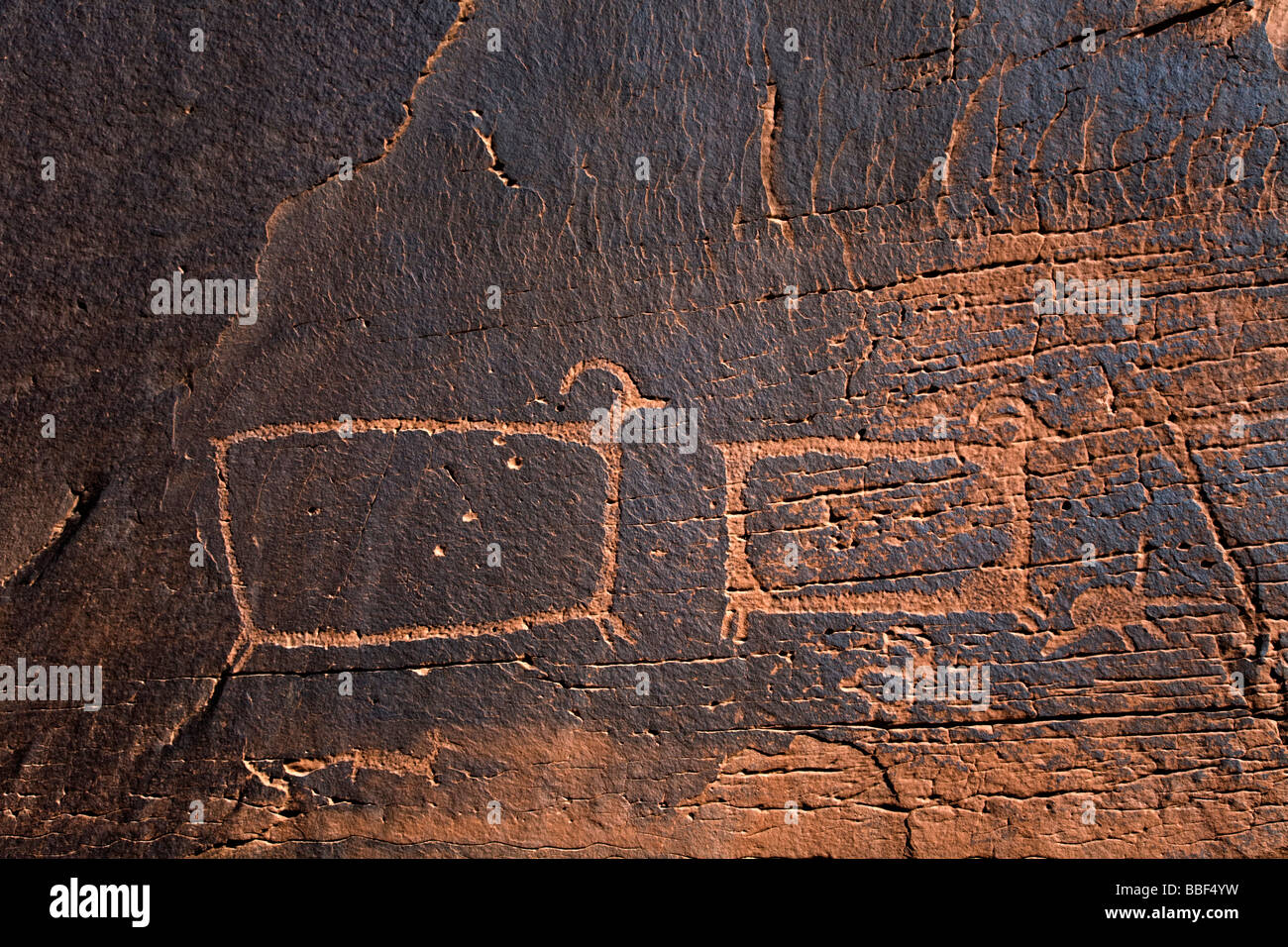 Prehistoric petroglyph of bighorn sheep in Nine Mile Canyon north of Moab Utah Stock Photo