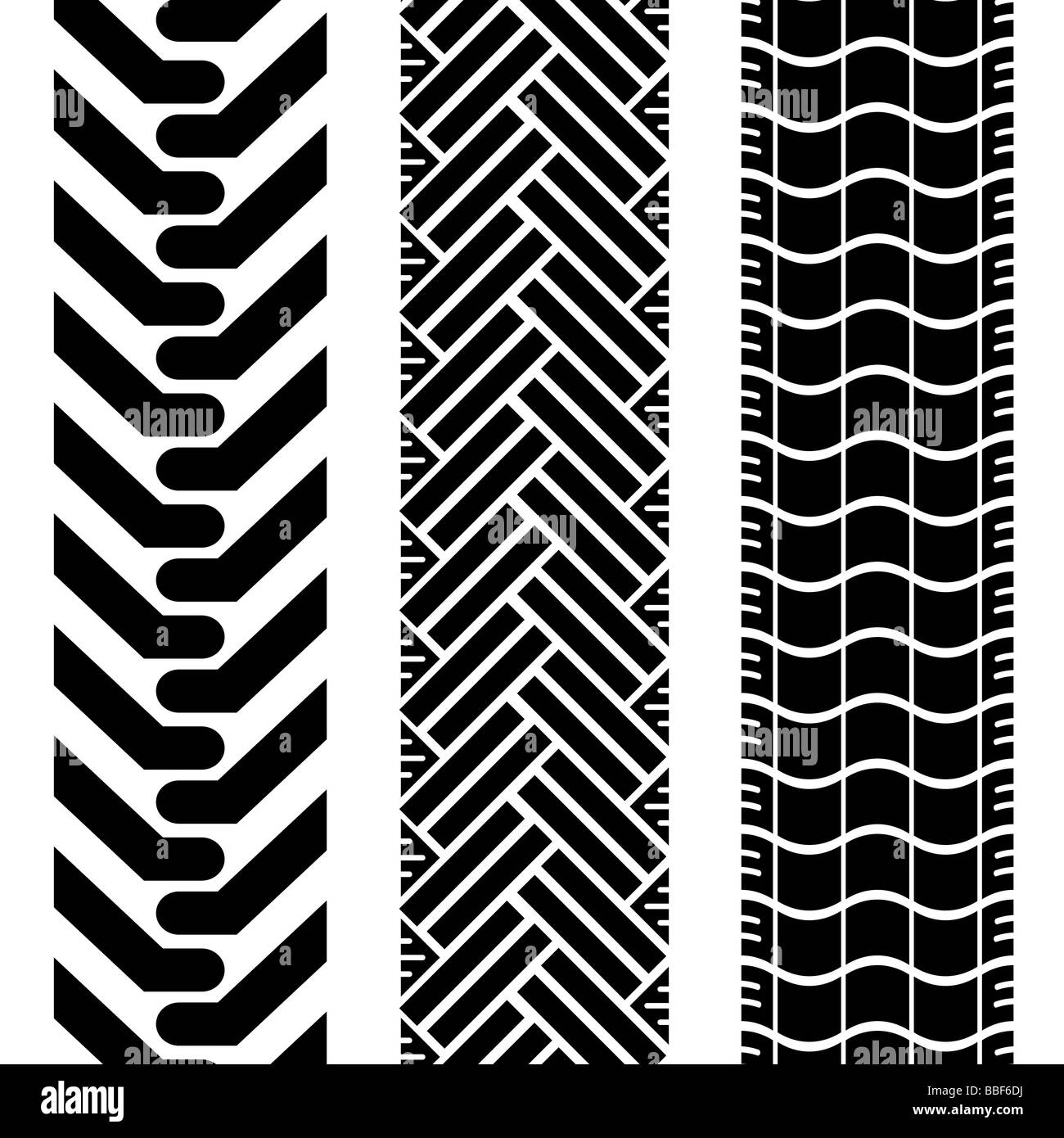 Collection of tire treads in black and white with repeat pattern Stock