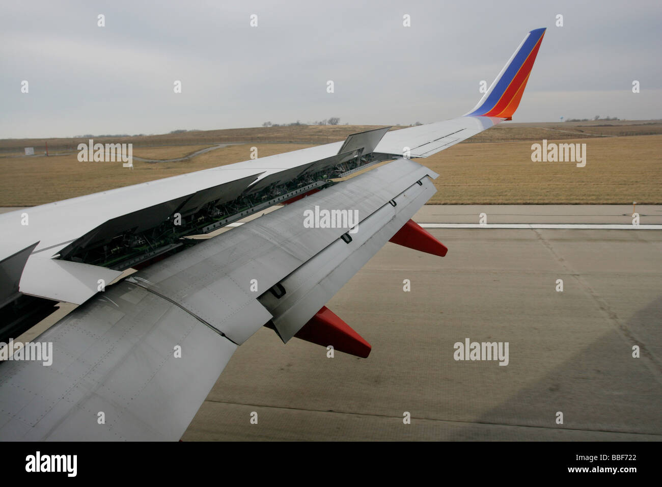 flight controls surfaces airplane wing spoiler Stock Photo