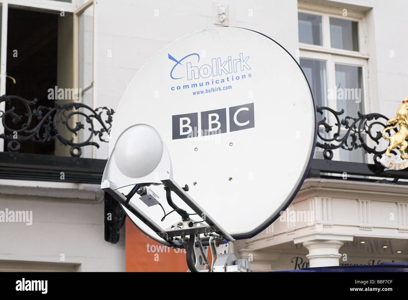 BBC outside broadcast satellite dish transmitter on van Stock Photo