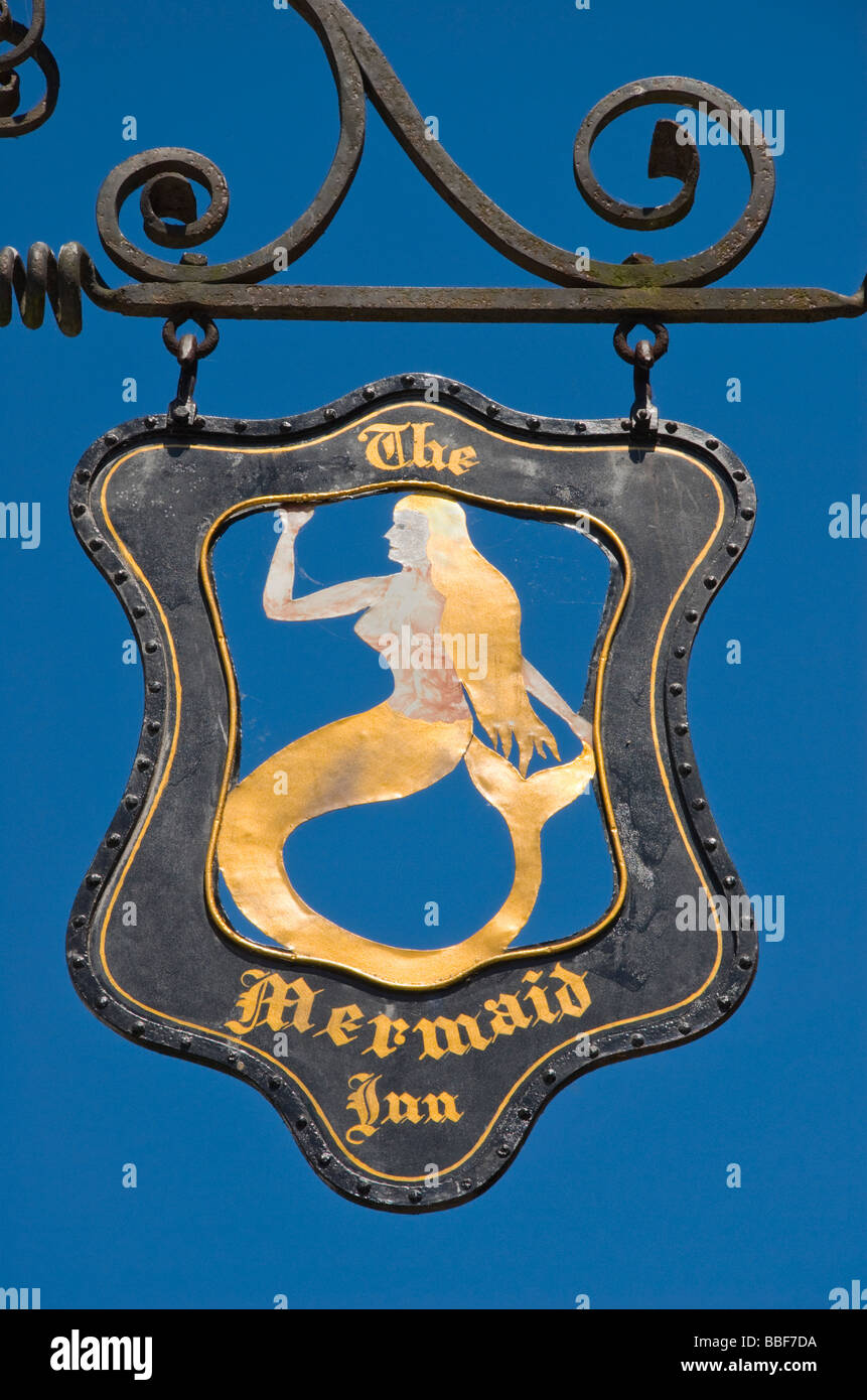 Rye, E Sussex, England, UK. Mermaid Inn sign in Mermaid Street Stock Photo