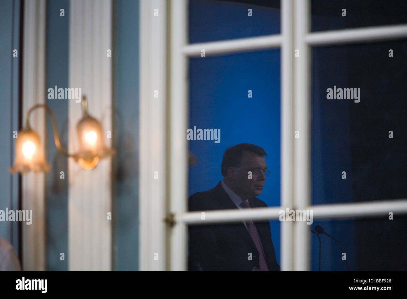 Icelandic Prime Minister Geir H Haarde talks during a press meeting Stock Photo