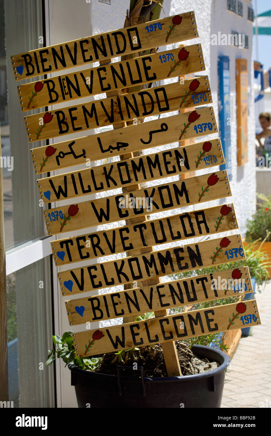 Multilingual sign, sign in many languages, outside a chiringuito in Fuengirola, Costa del Sol, Andalucia, Spain, Europe, Stock Photo