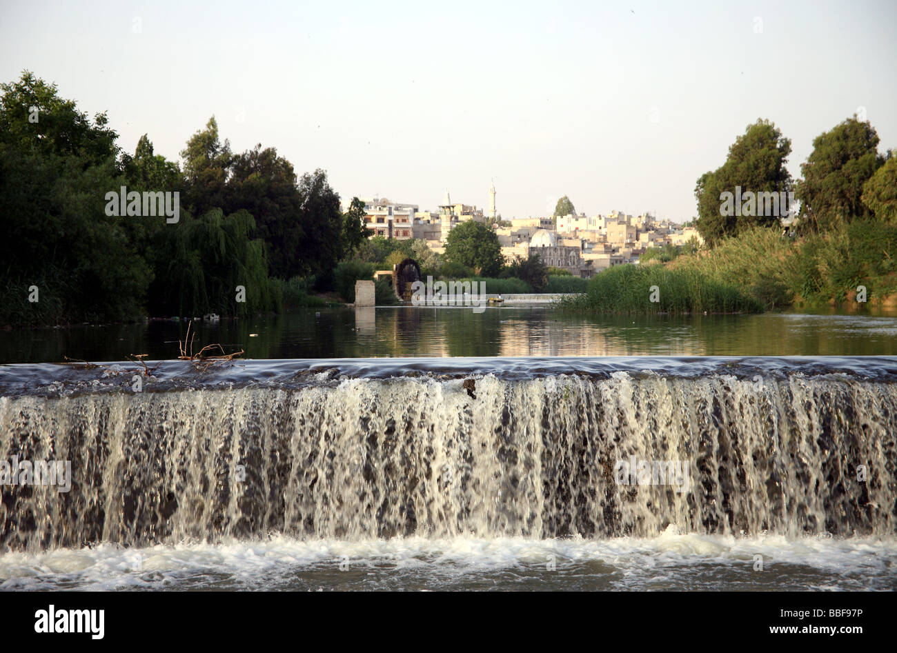 Syria Hama waterwheels, noria on the Orontes river Stock Photo