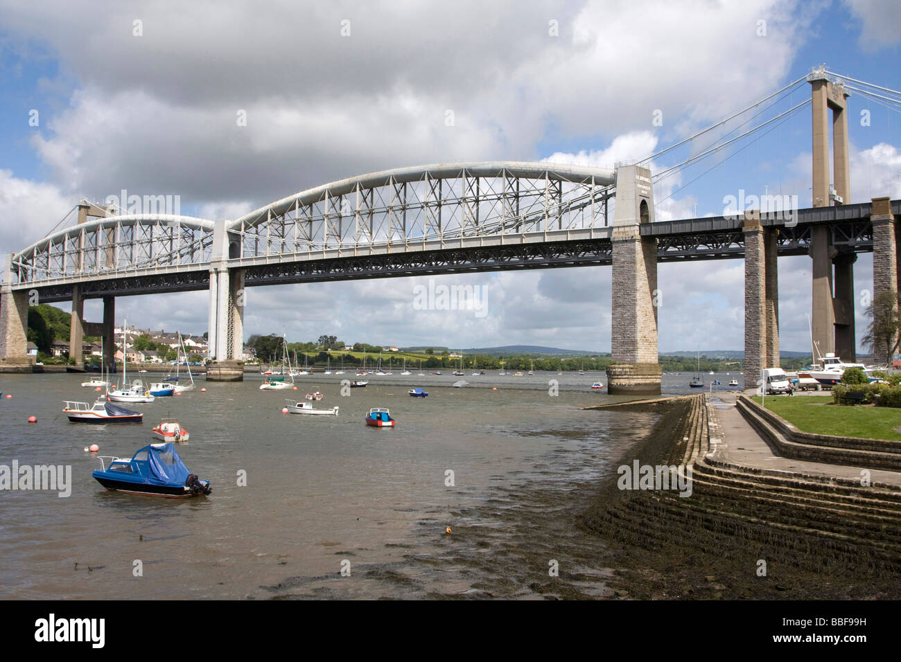 River Tamar Bridges Royal Albert Rail Bridge And Tamar Road Bridge   River Tamar Bridges Royal Albert Rail Bridge And Tamar Road Bridge BBF99H 