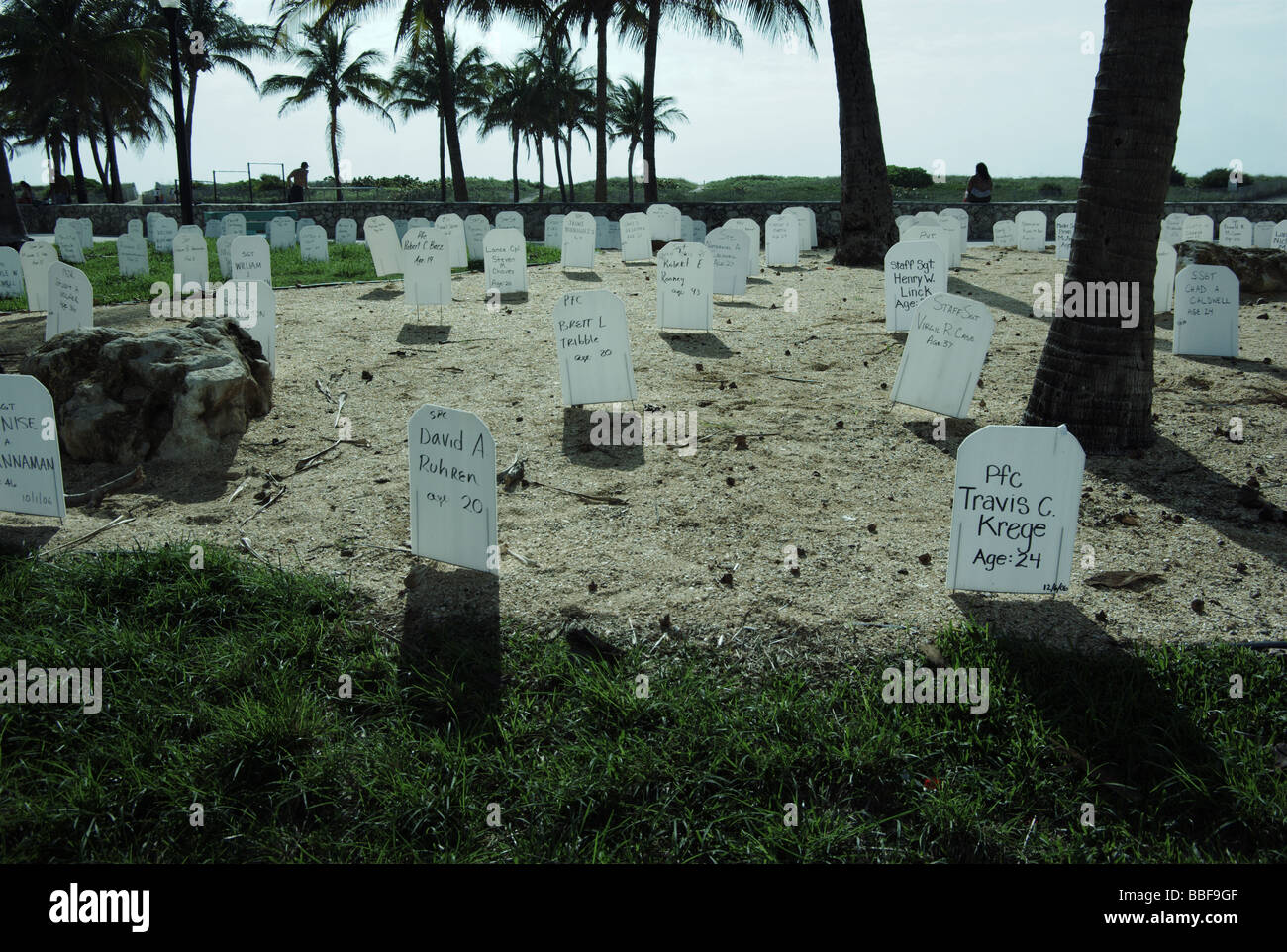Symbolic Iraq War cemetery along the Ocean Drive in South Beach, Miami, FL, USA Stock Photo