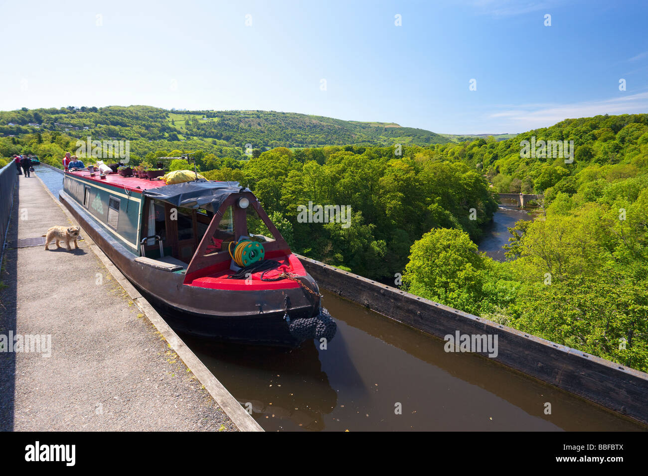 Canal boat crossing River Dee near Llangollen on Shropshire Union canal at Pontcysyllte aqueduct Wales UK United Kingdom Stock Photo
