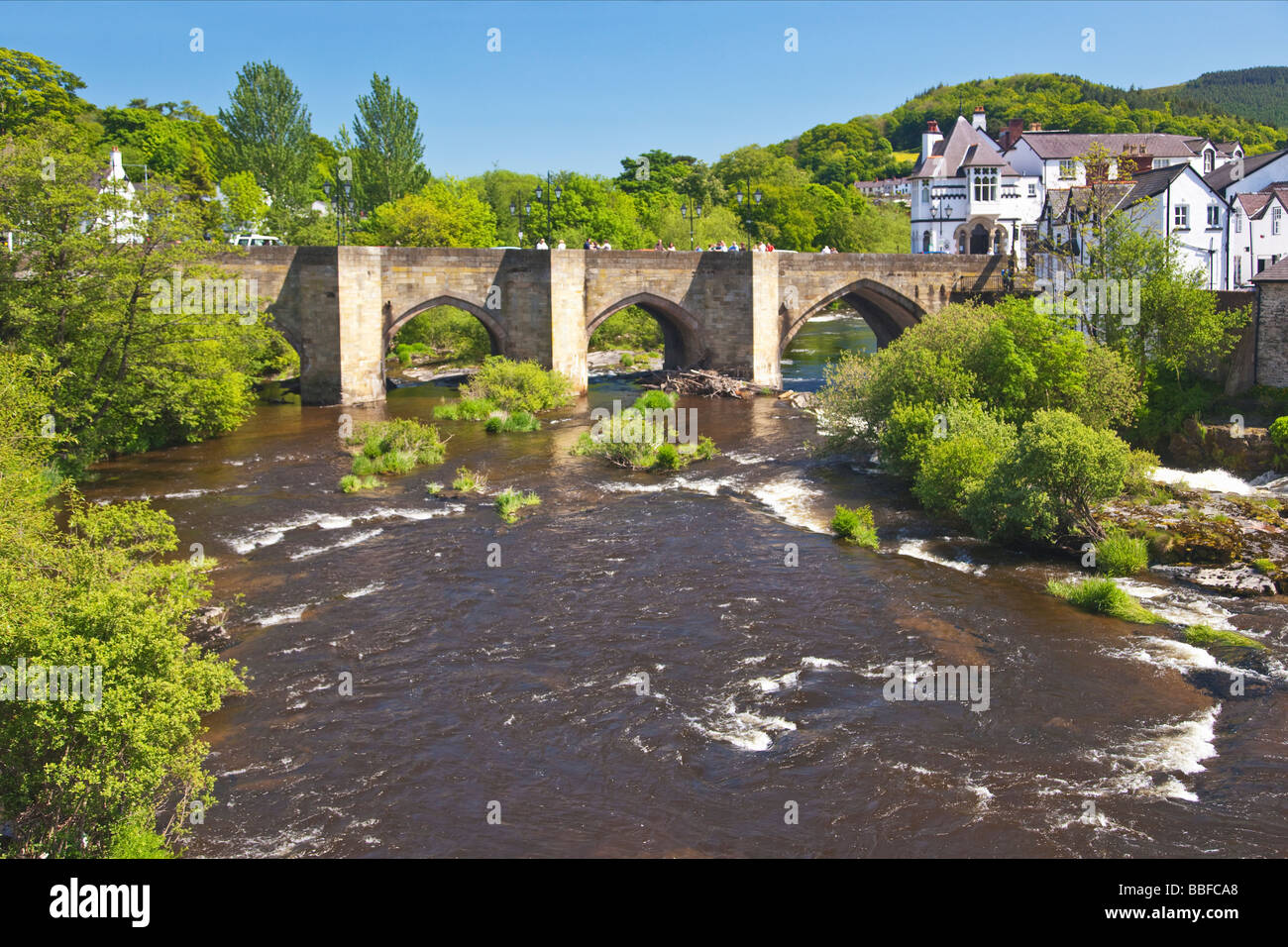 Famous River Dee Bridge built by Bishop Trevor in 1345 Llangollen Denbighshire North Wales Cymru UK United Kingdom GB Stock Photo