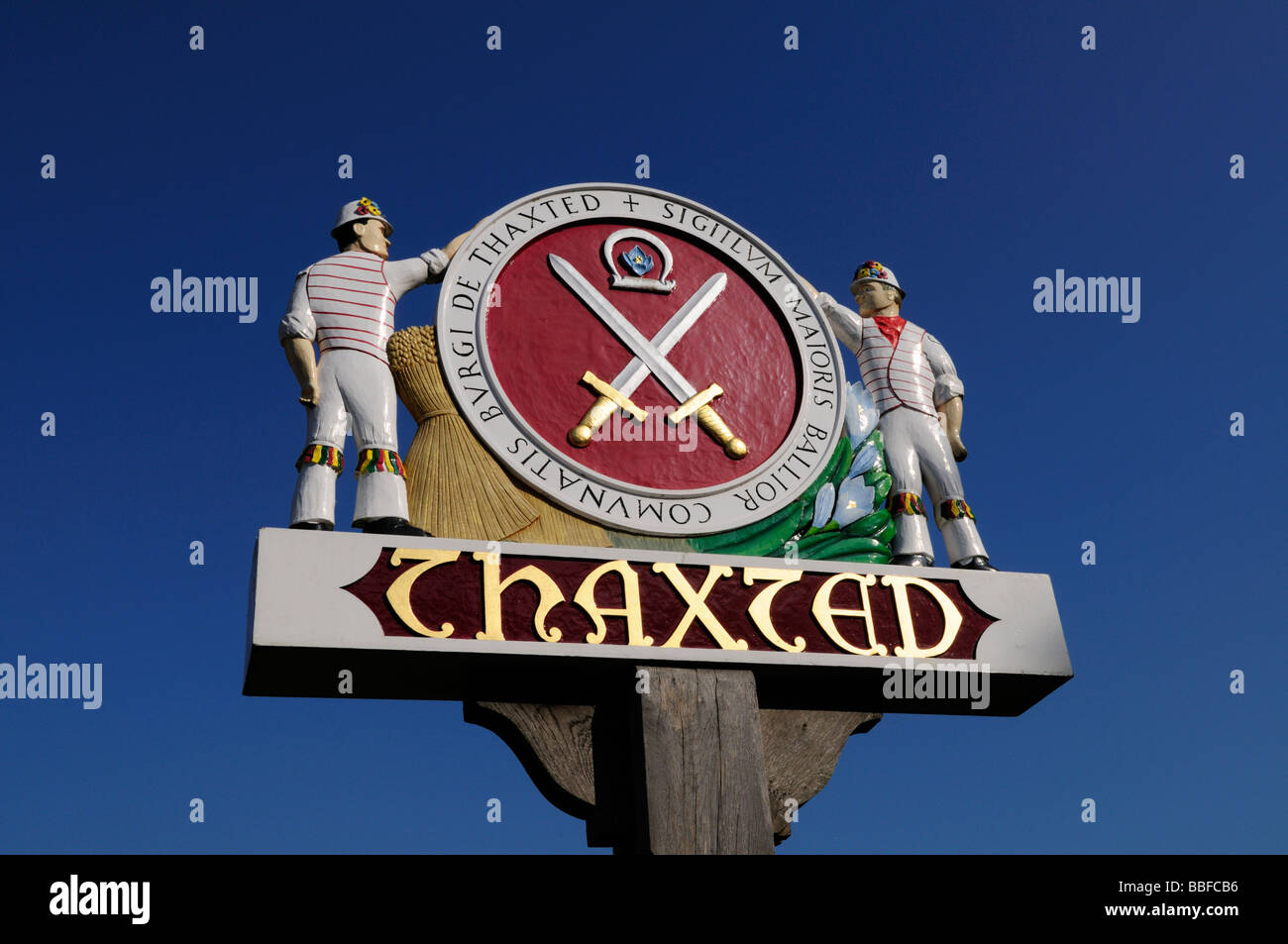 Village sign at Thaxted Essex England Uk Stock Photo