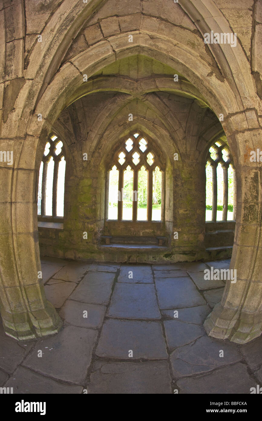 Interior Chapter House Valle Crucis 13th century Cistercian Abbey Ruins near Llangollen North Wales Cymru UK United Kingdom GB Stock Photo
