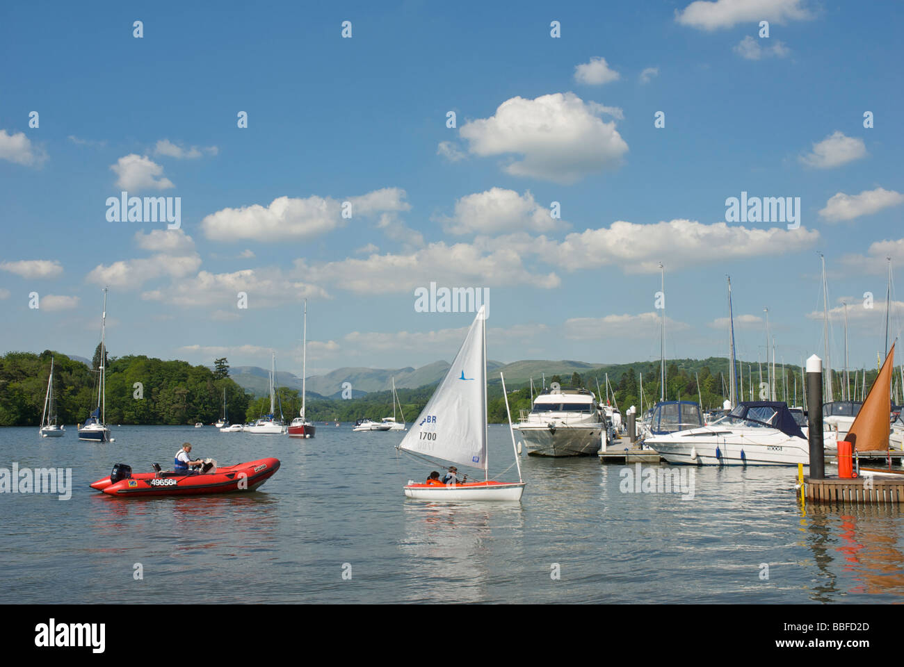 Sailboat and inflatable dinghy in Bowness Bay, Lake Windermere, Lake
