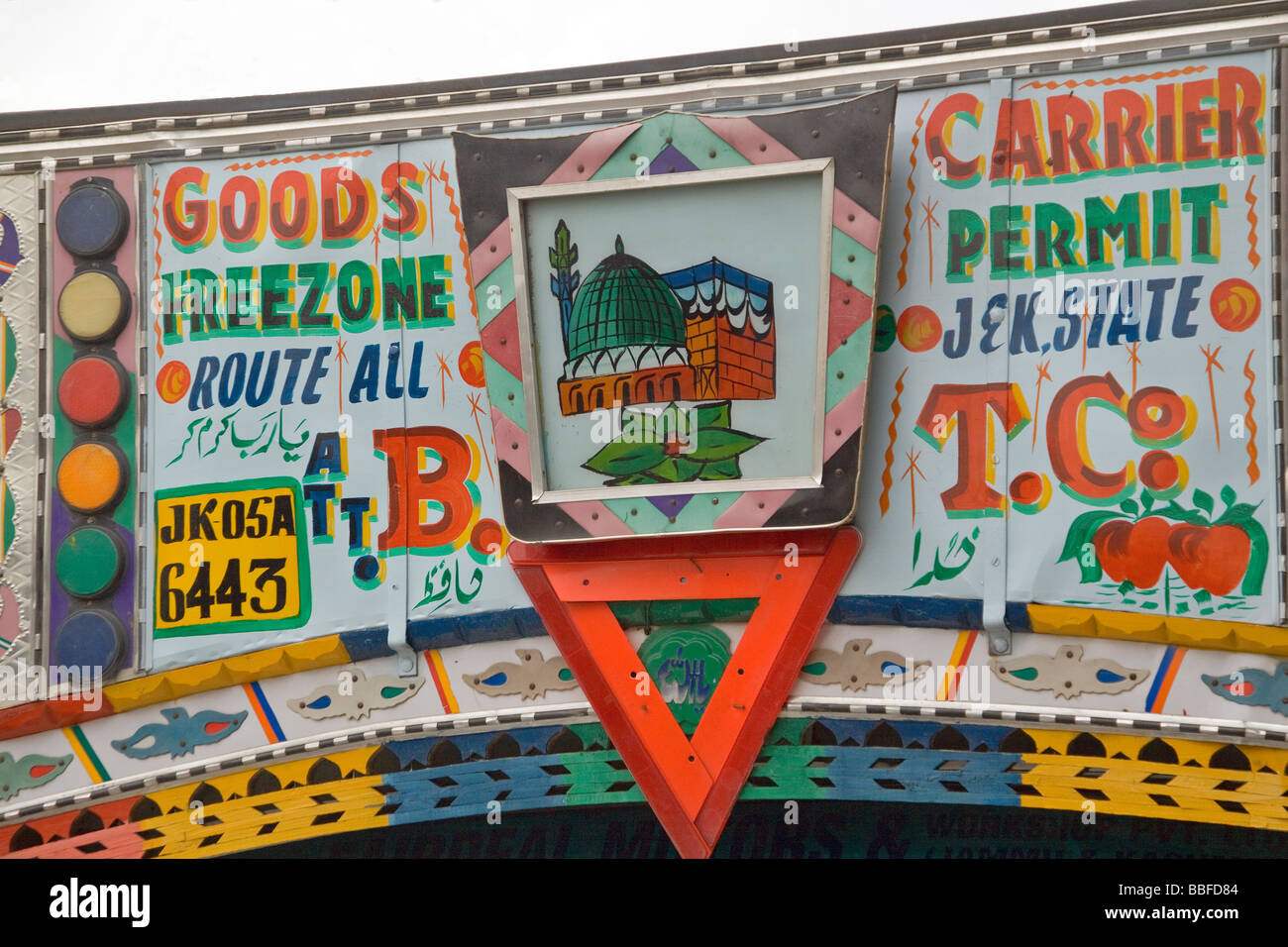 An example of the decorative painting applied to trucks and bushes in Kashmir Stock Photo
