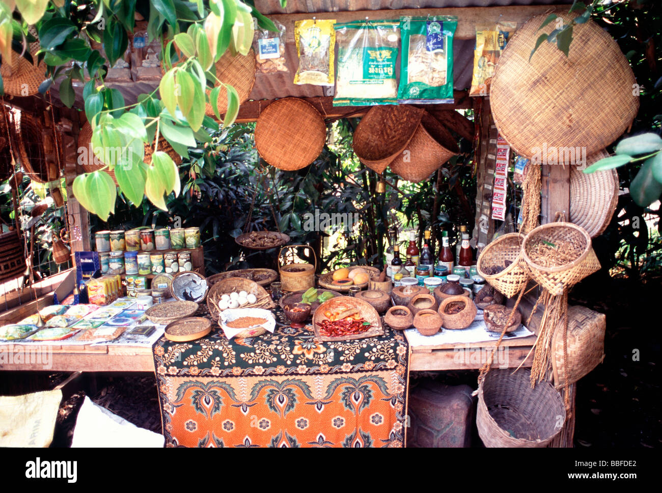 Tropical market stall set up as a display at the Eden project Stock Photo