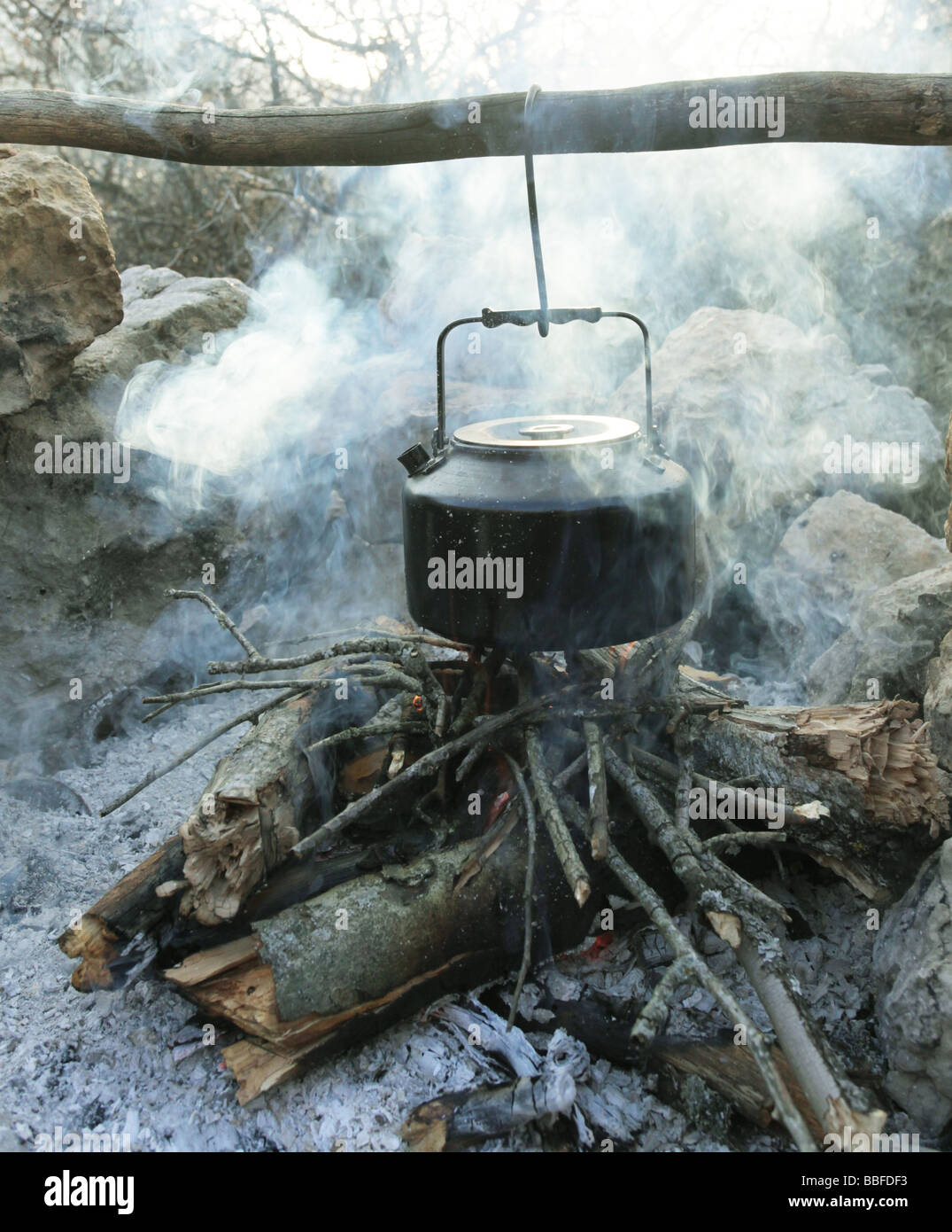 Old kettle in camping Stock Photo Alamy